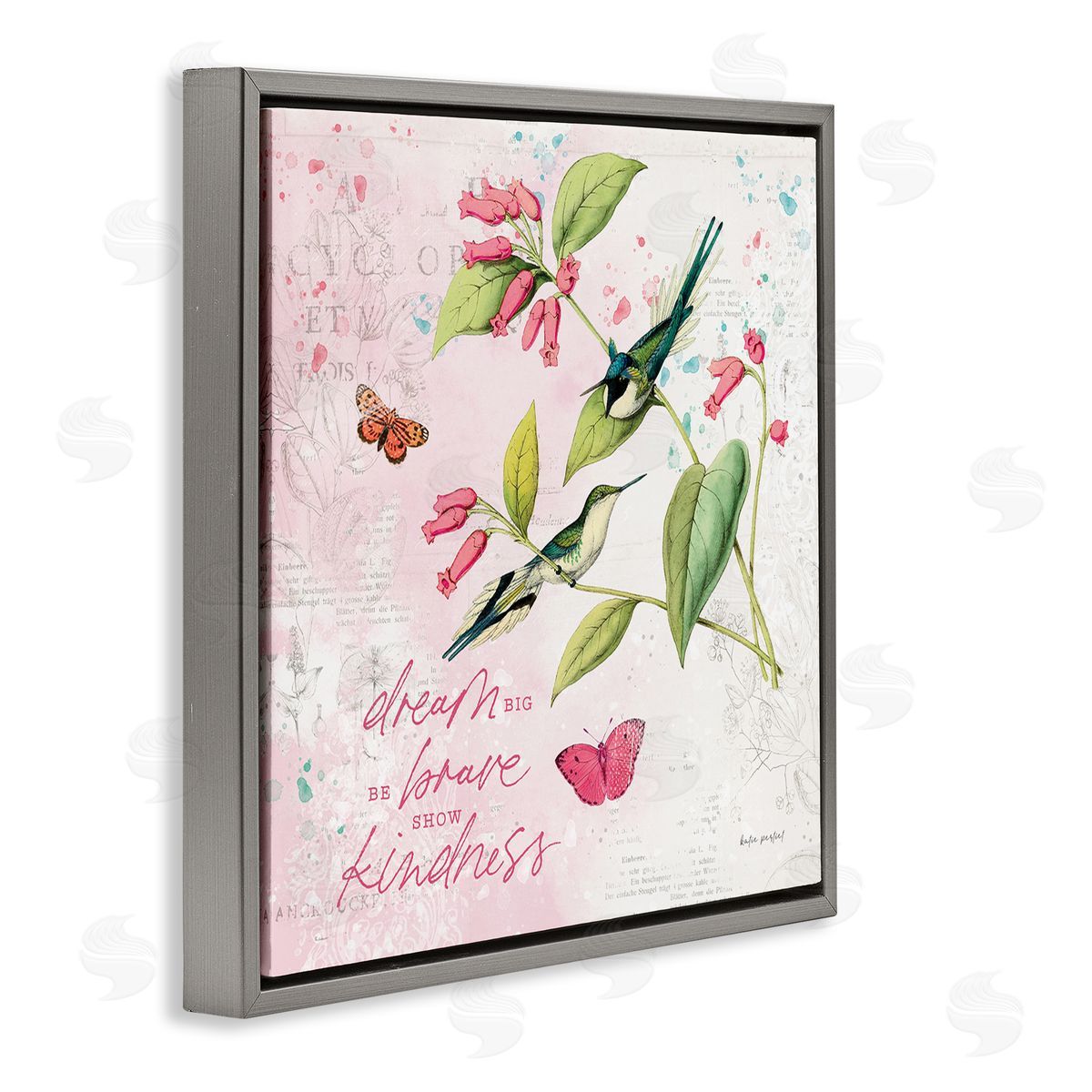 Dream Big Birds & Florals Grey Floating Frame Canvas Wall Art, Home Decor by Katie Pertiet