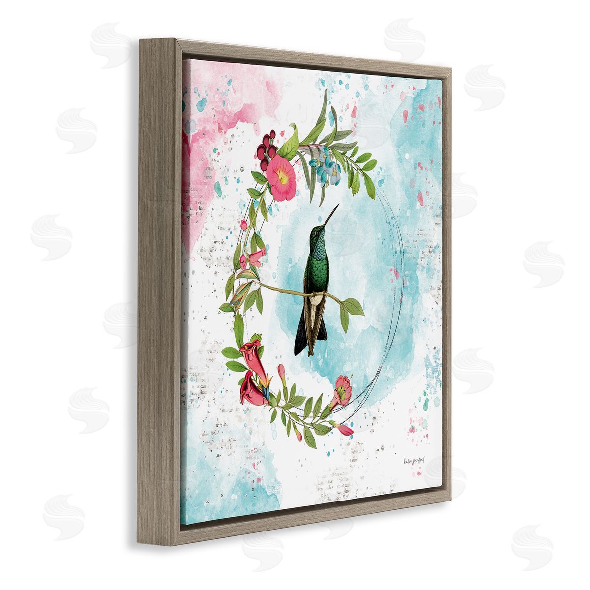 Hummingbird within Wreath Brown Floating Frame Canvas Wall Art, Home Decor by Katie Pertiet