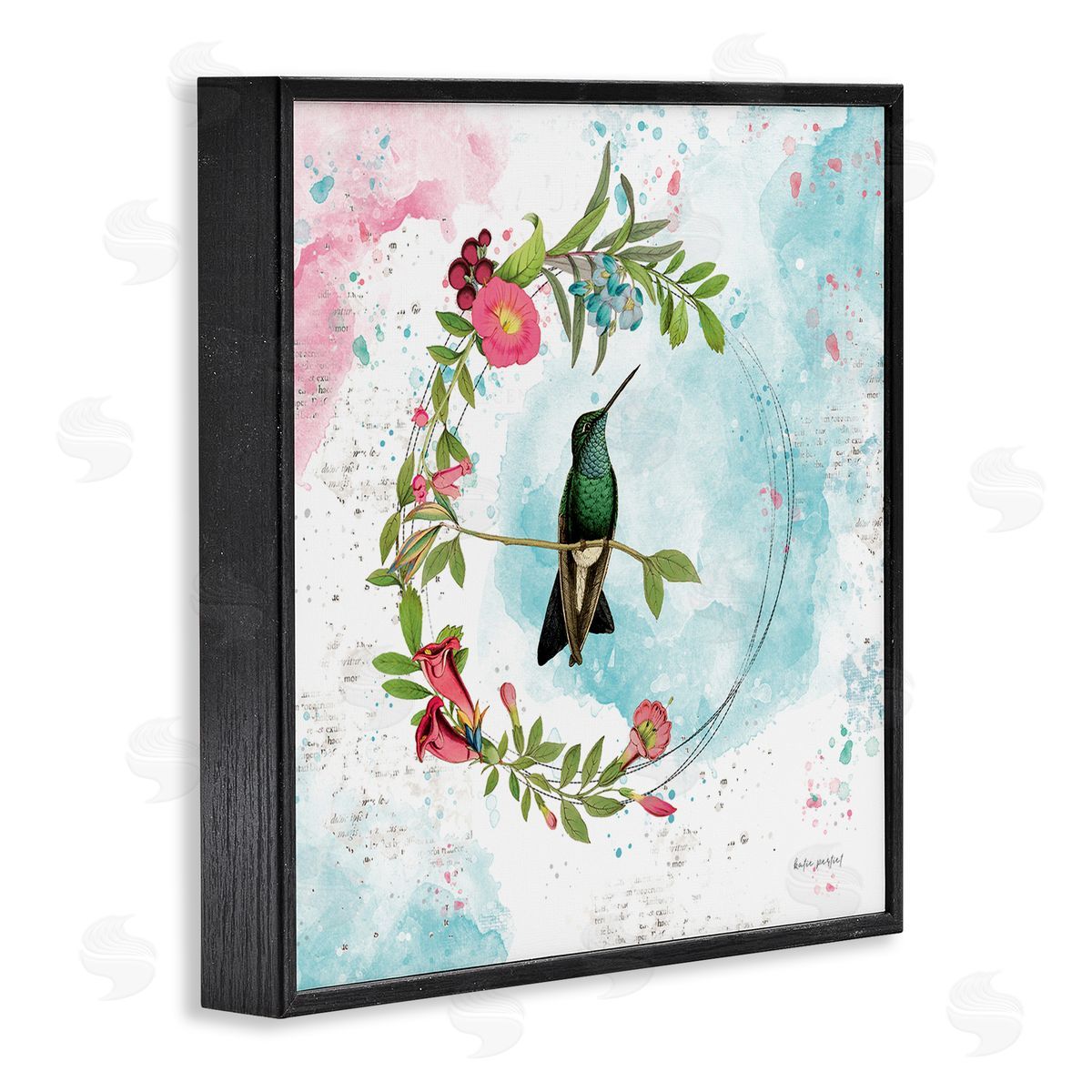 Hummingbird within Wreath Black Frame Print Wall Art, Home Decor by Katie Pertiet
