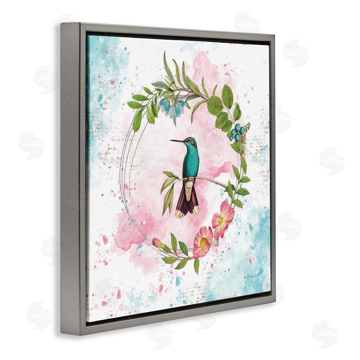 Delicate Hummingbird Wreath Grey Floating Frame Canvas Wall Art, Home Decor by Katie Pertiet