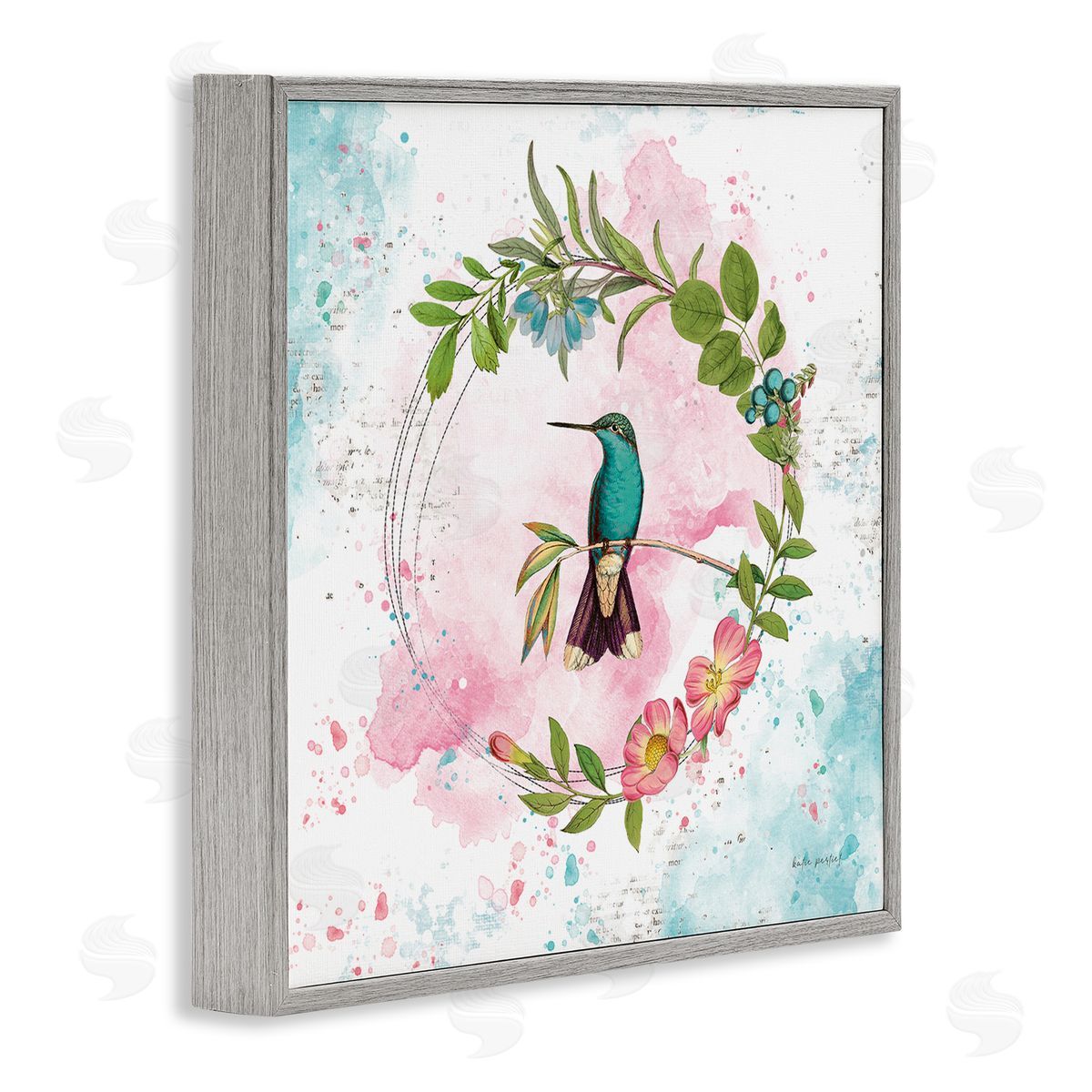Delicate Hummingbird Wreath Grey Frame Print Wall Art, Home Decor by Katie Pertiet