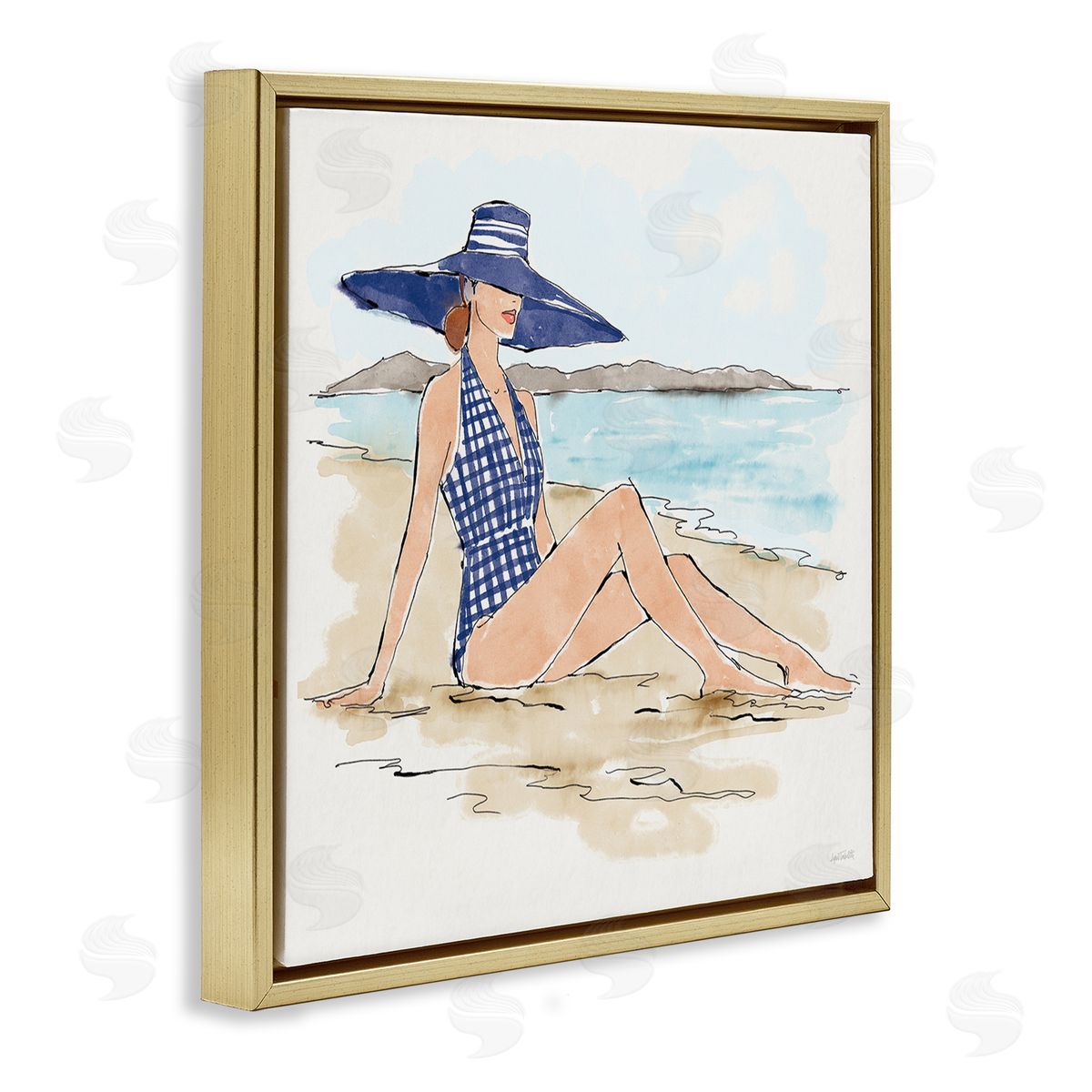 Sun Bathing Beauty Gold Floating Frame Canvas Wall Art, Home Decor by Anne Tavoletti