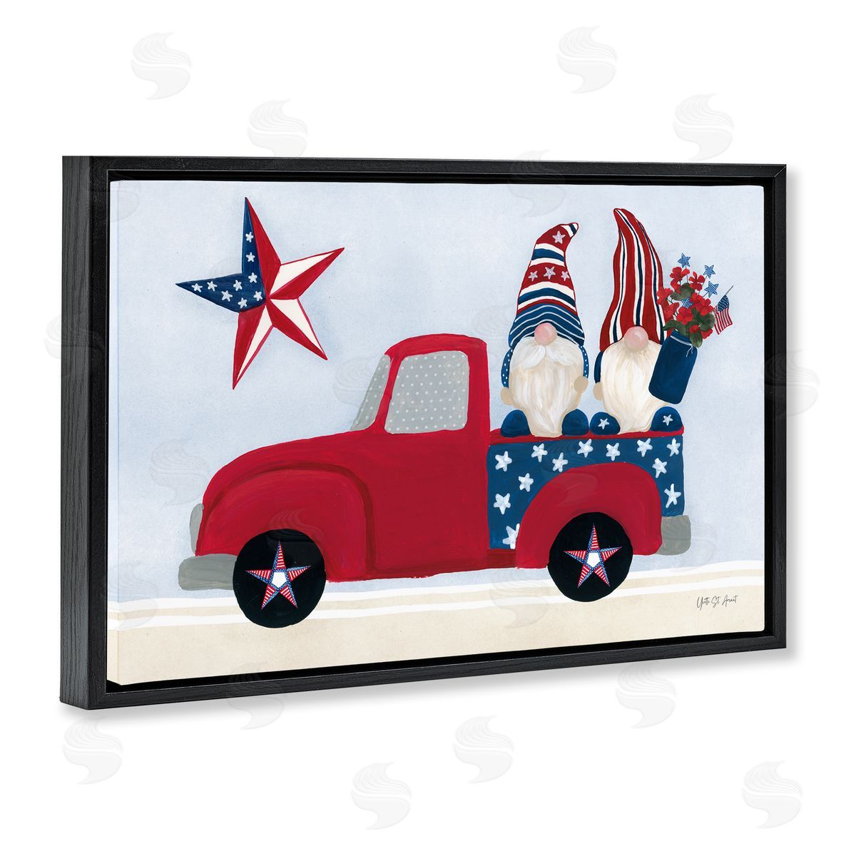 Patriotic Gnomes in Truck Black Floating Frame Canvas Wall Art, Home Decor by Yvette St. Amant