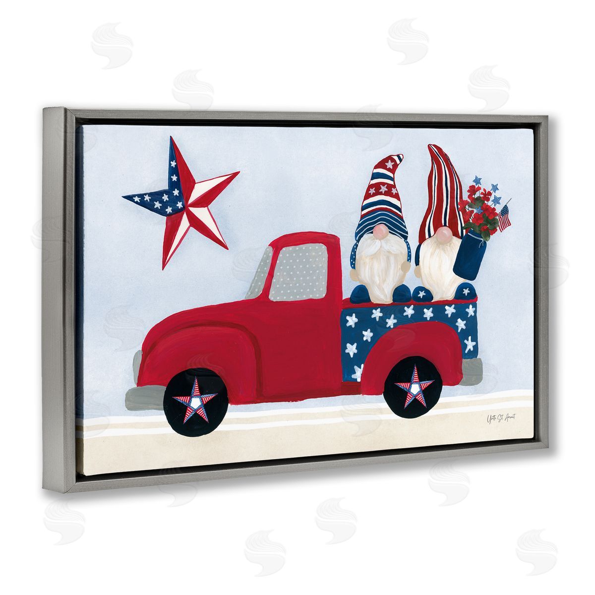 Patriotic Gnomes in Truck Grey Floating Frame Canvas Wall Art, Home Decor by Yvette St. Amant