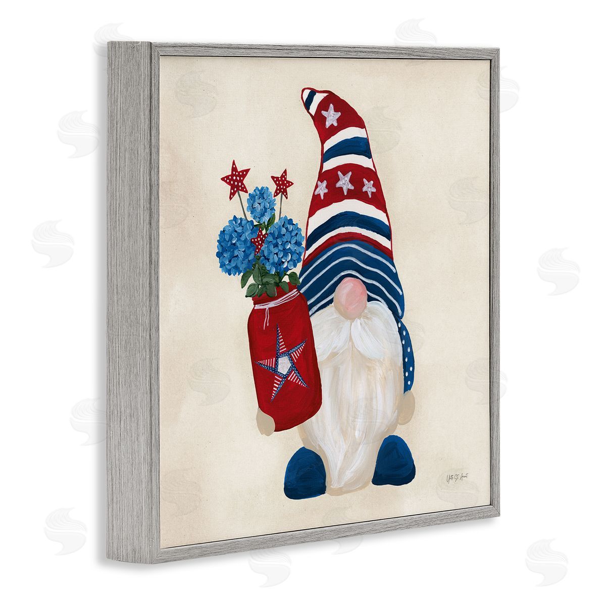 American Gnome with Flowers Grey Frame Print Wall Art, Home Decor by Yvette St. Amant