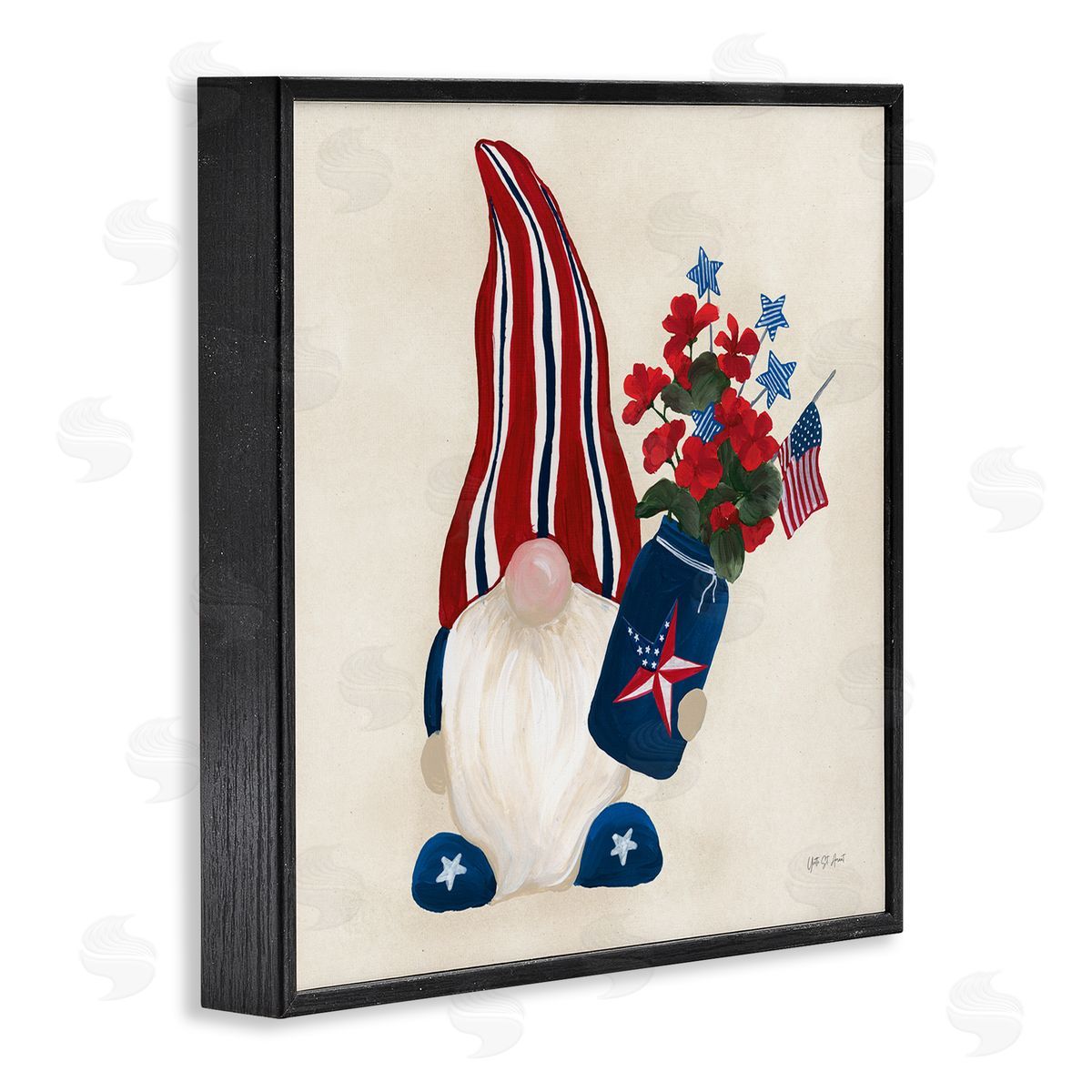 Patriotic Gnome & Flowers Black Frame Print Wall Art, Home Decor by Yvette St. Amant