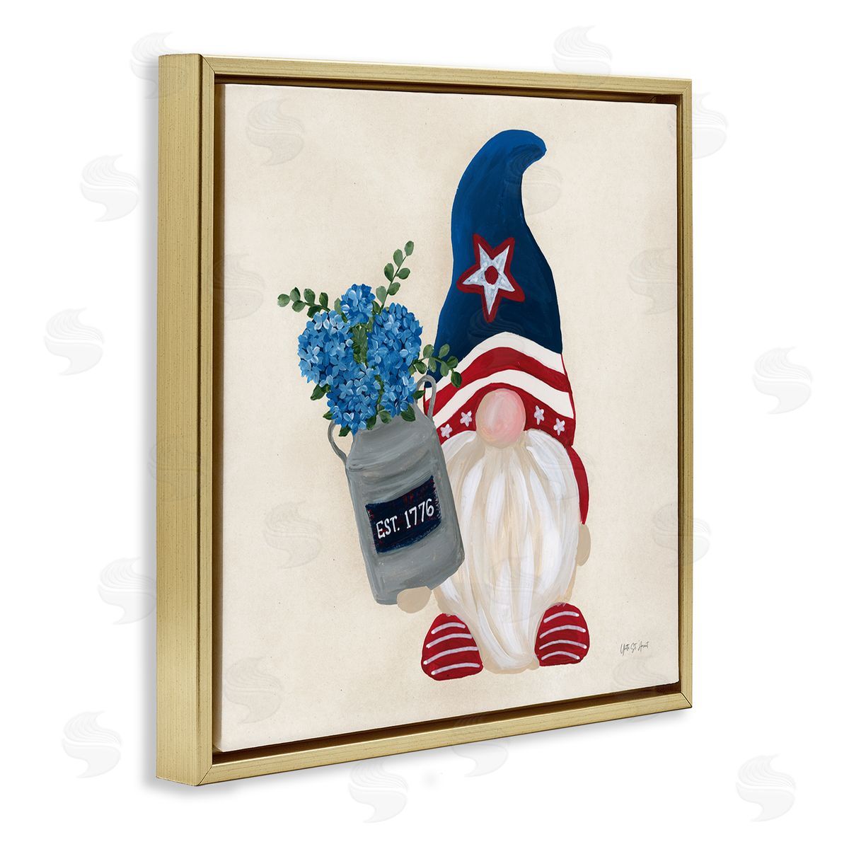 Gnome & Americana Bouquet Gold Floating Frame Canvas Wall Art, Home Decor by Yvette St. Amant
