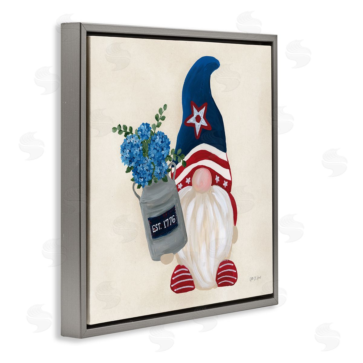 Gnome & Americana Bouquet Grey Floating Frame Canvas Wall Art, Home Decor by Yvette St. Amant