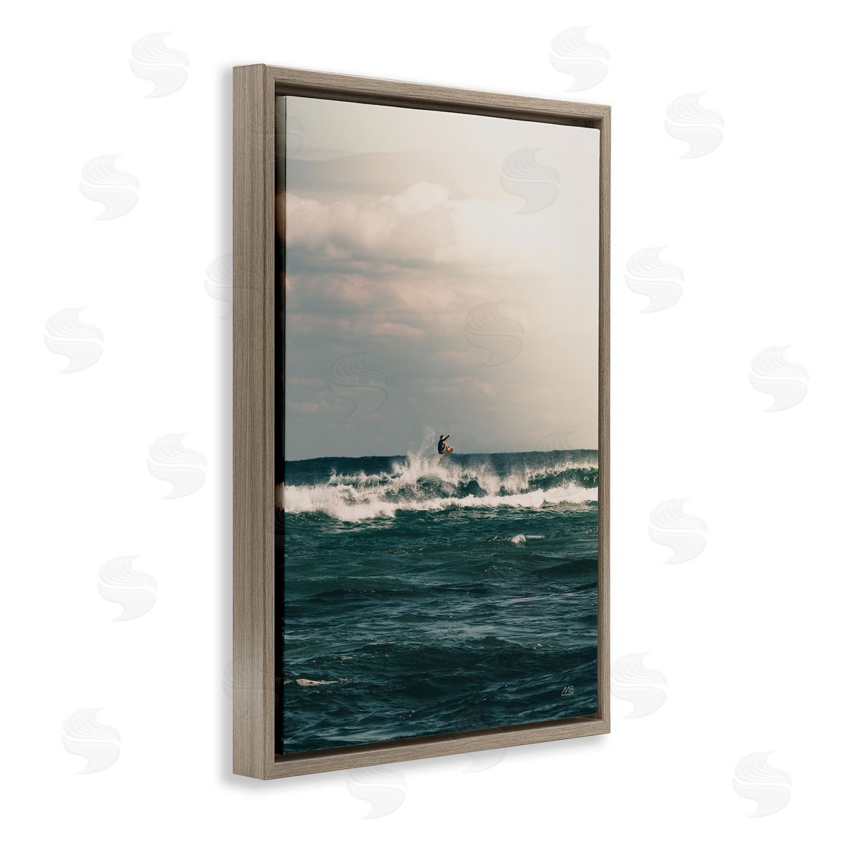 Ride The Tide Surfer Brown Floating Frame Canvas Wall Art, Home Decor by Max Blakesberg Studios