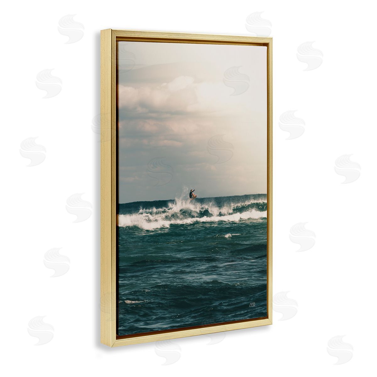 Ride The Tide Surfer Gold Floating Frame Canvas Wall Art, Home Decor by Max Blakesberg Studios