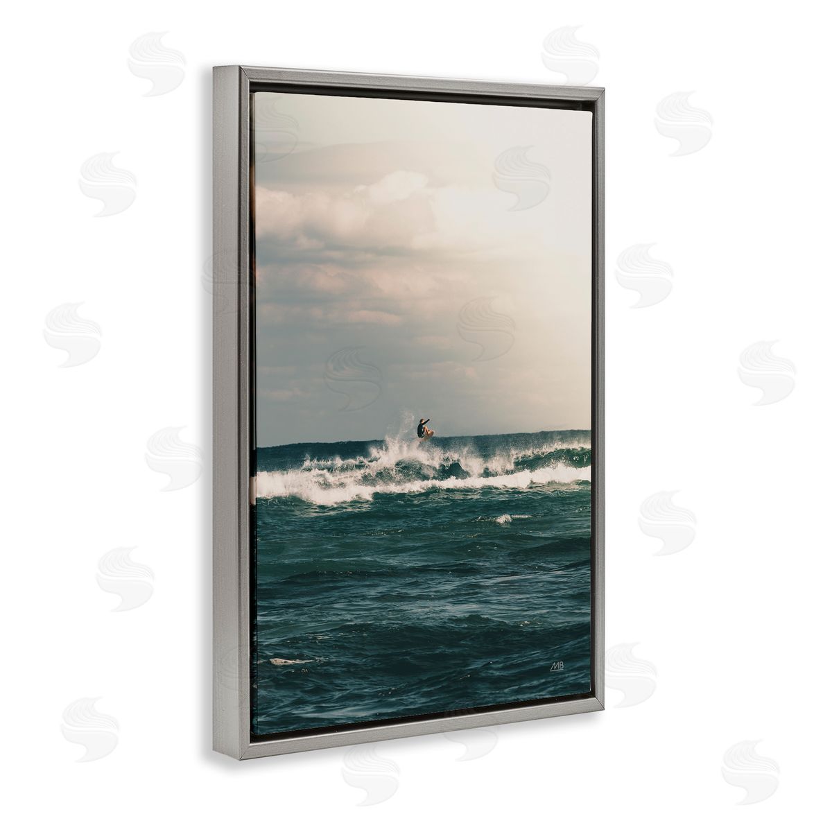 Ride The Tide Surfer Grey Floating Frame Canvas Wall Art, Home Decor by Max Blakesberg Studios