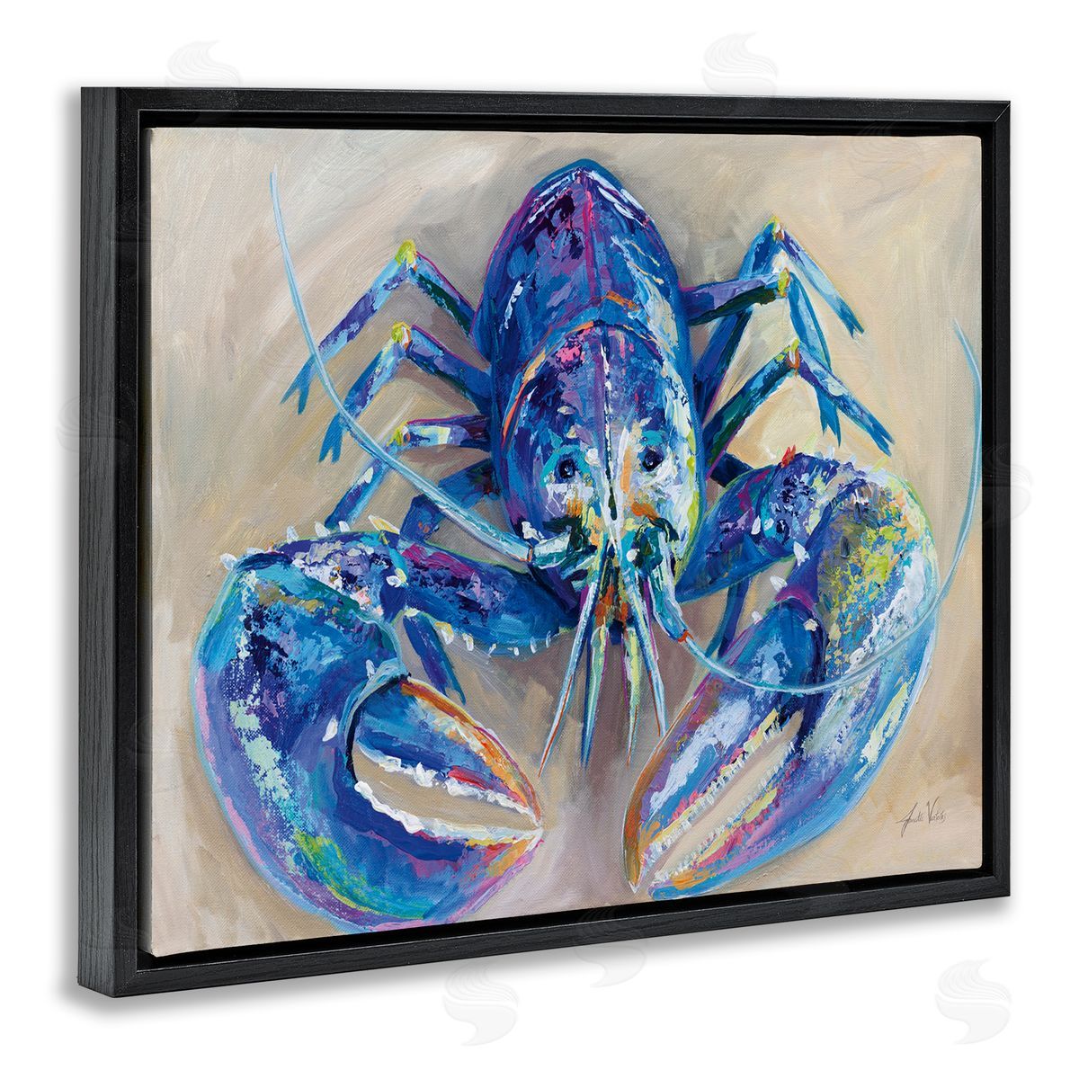 Blue Lobster Impression Black Floating Frame Canvas Wall Art, Home Decor by Jeanette Vertentes