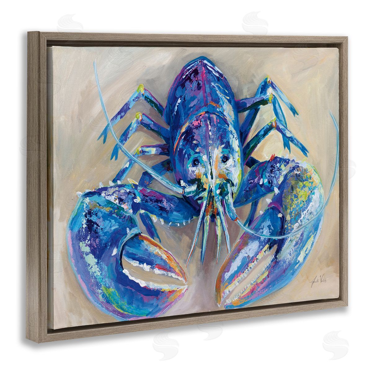 Blue Lobster Impression Brown Floating Frame Canvas Wall Art, Home Decor by Jeanette Vertentes