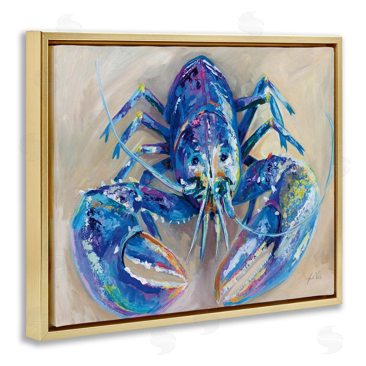 Blue Lobster Impression Gold Floating Frame Canvas Wall Art, Home Decor by Jeanette Vertentes