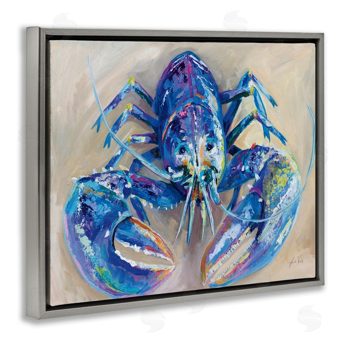 Blue Lobster Impression Grey Floating Frame Canvas Wall Art, Home Decor by Jeanette Vertentes