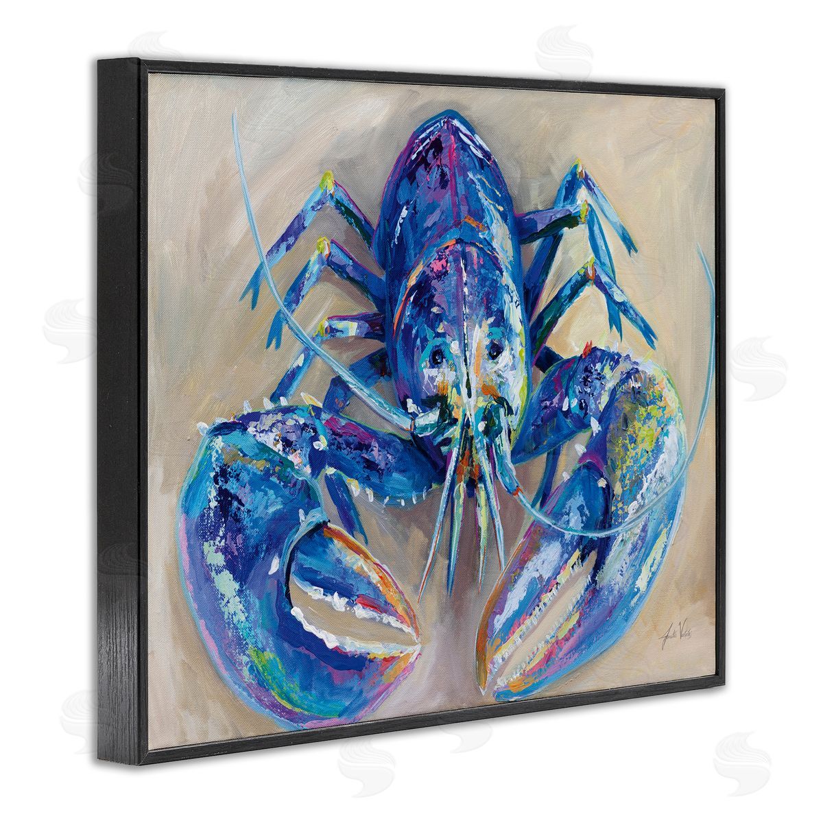 Blue Lobster Impression Black Frame Print Wall Art, Home Decor by Jeanette Vertentes