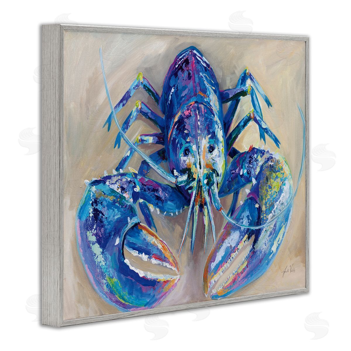 Blue Lobster Impression Grey Frame Print Wall Art, Home Decor by Jeanette Vertentes