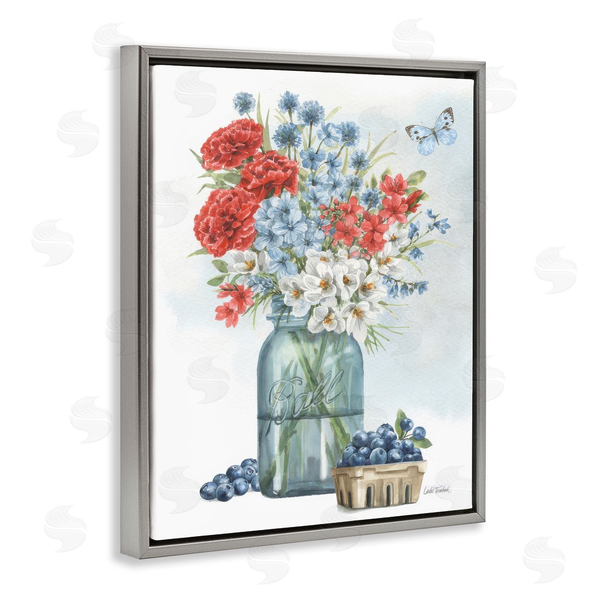 Country Blossoms & Blueberries Grey Floating Frame Canvas Wall Art, Home Decor by Leslie Trimbach