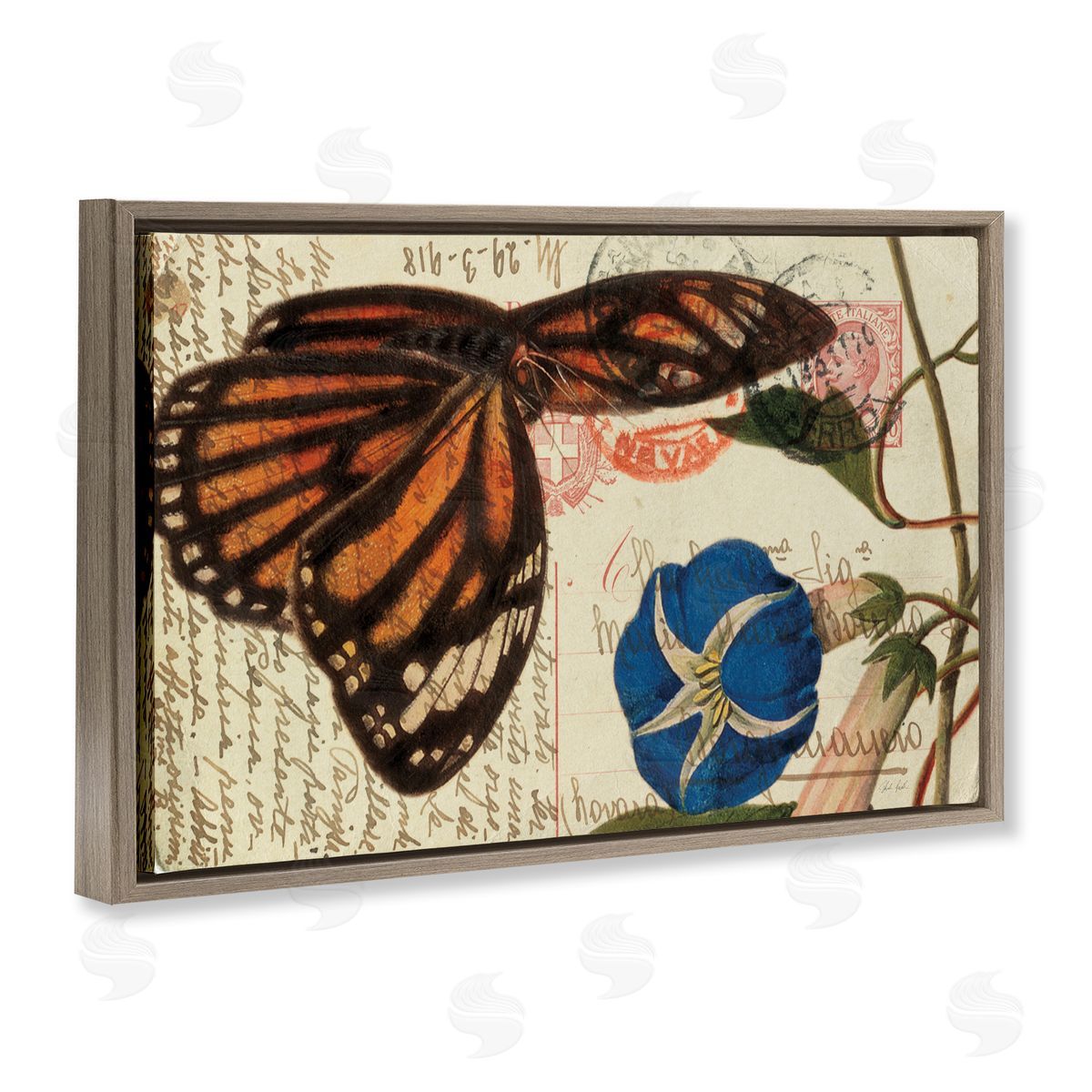 Vintage Postcard & Fauna Brown Floating Frame Canvas Wall Art, Home Decor by Deborah Revell