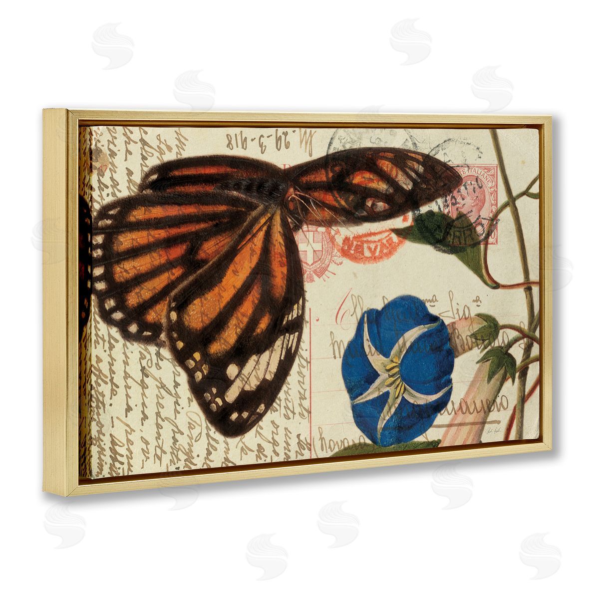Vintage Postcard & Fauna Gold Floating Frame Canvas Wall Art, Home Decor by Deborah Revell