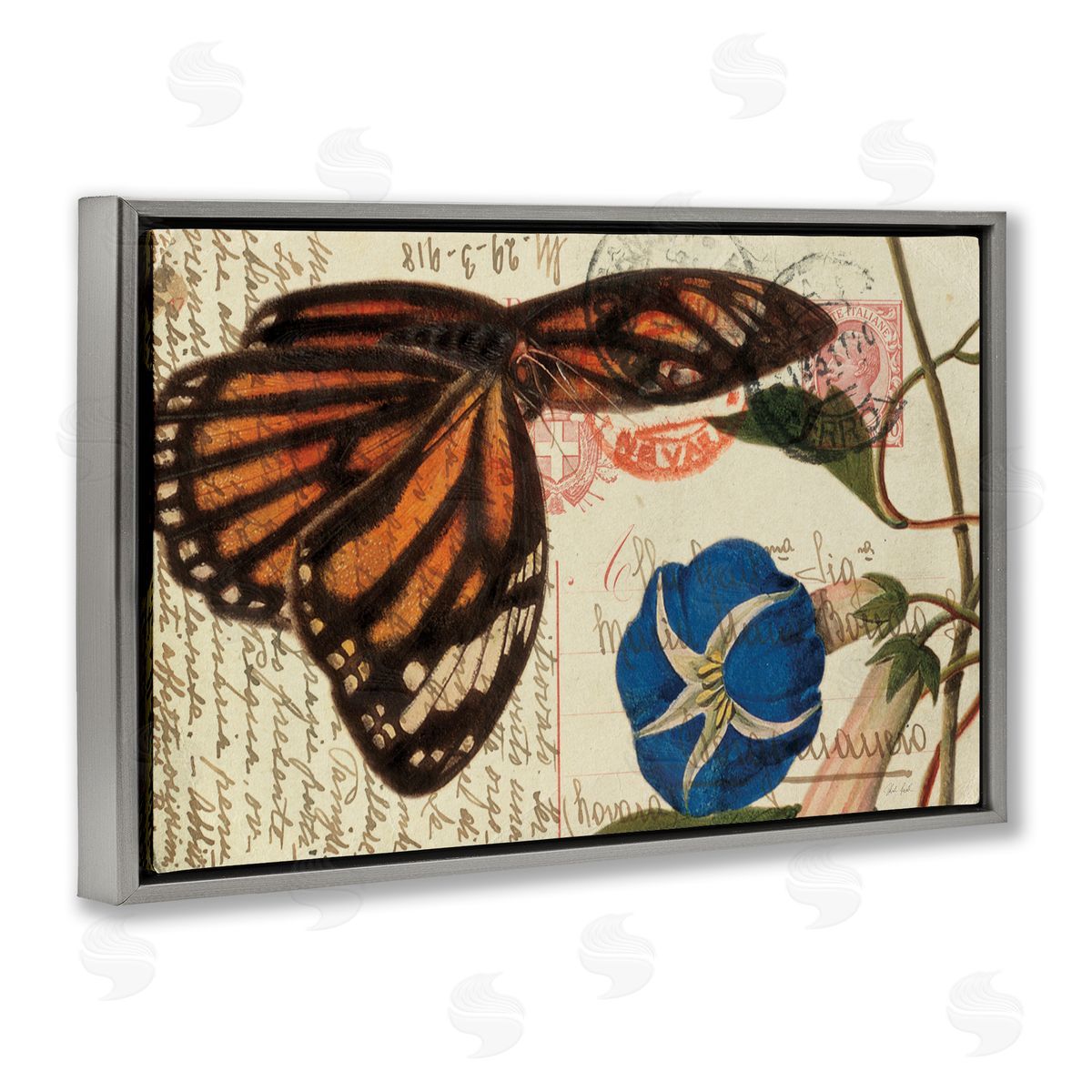Vintage Postcard & Fauna Grey Floating Frame Canvas Wall Art, Home Decor by Deborah Revell