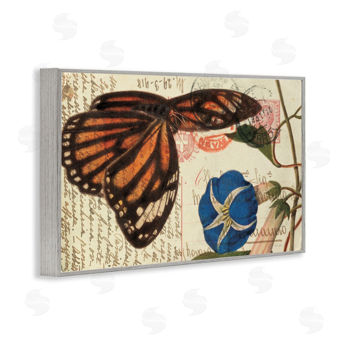 Vintage Postcard & Fauna Grey Frame Print Wall Art, Home Decor by Deborah Revell