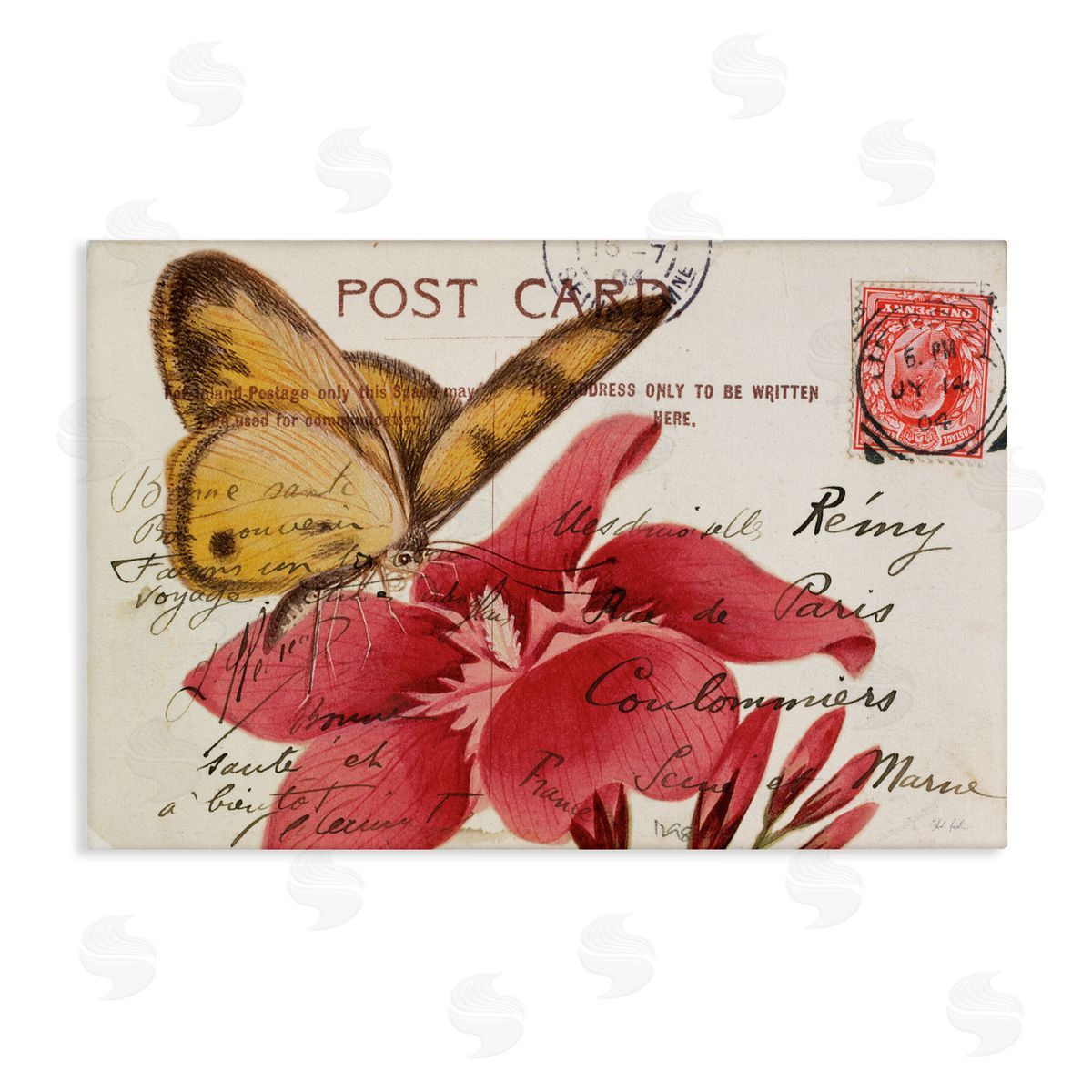 Antique Postcard & Butterfly Canvas Wall Art, Home Decor by Deborah Revell