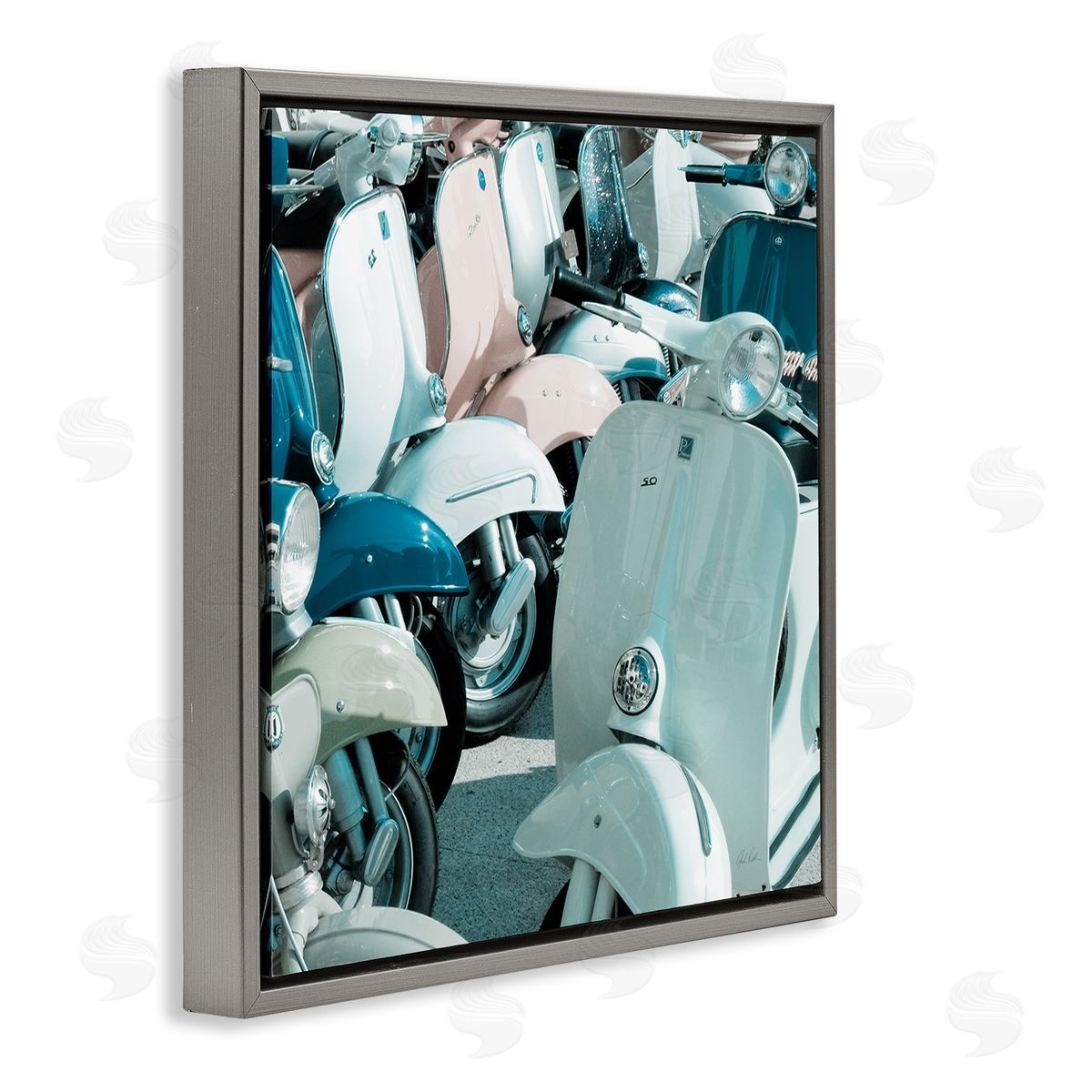 Lined Up Italian Scooters Grey Floating Frame Canvas Wall Art, Home Decor by Deborah Revell