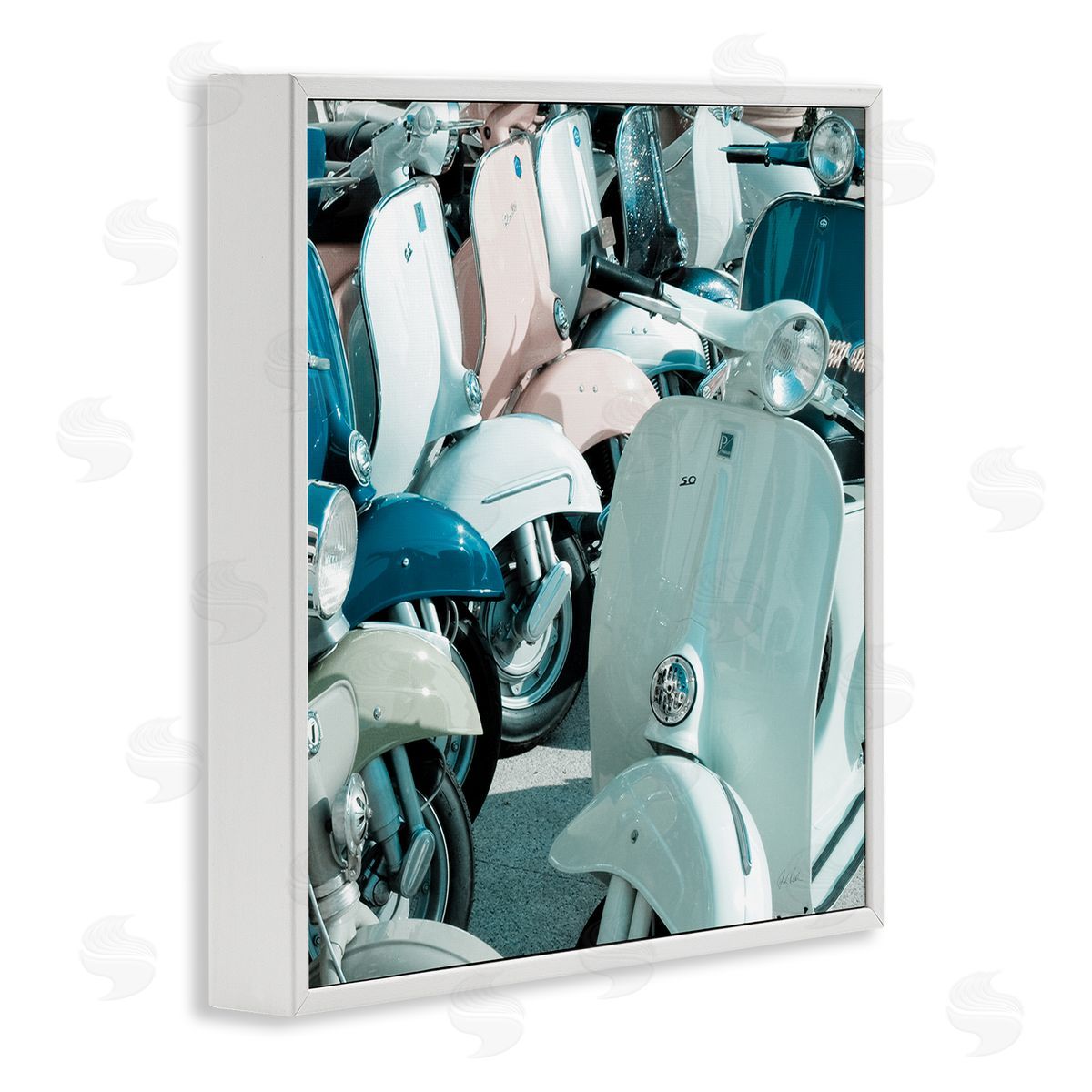 Lined Up Italian Scooters White Frame Print Wall Art, Home Decor by Deborah Revell
