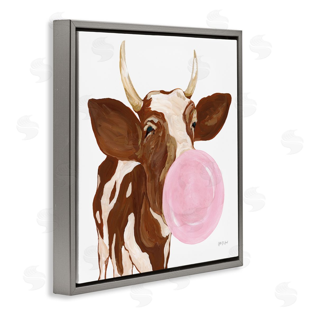 Happy Bubblegum Cow Grey Floating Frame Canvas Wall Art, Home Decor by Yvette St. Amant