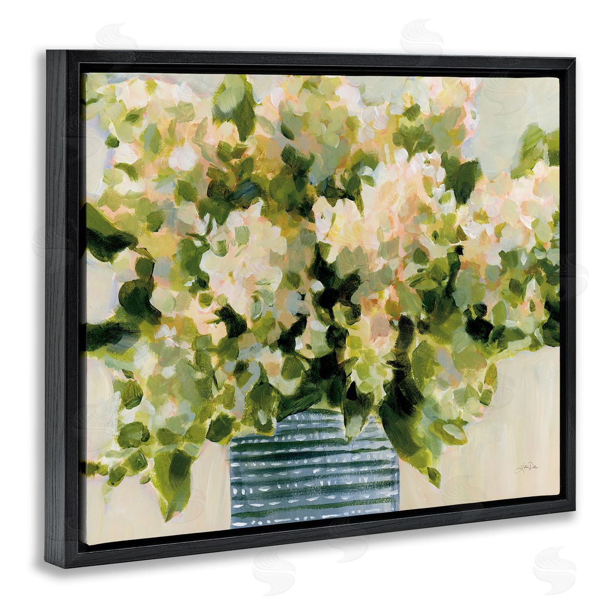 Dotted Hydrangeas Vase Black Floating Frame Canvas Wall Art, Home Decor by Katrina Pete