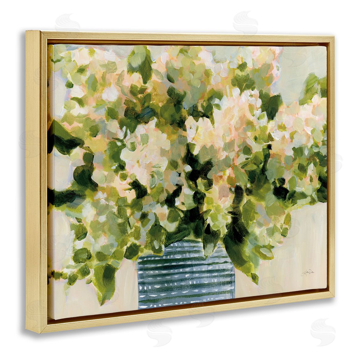 Dotted Hydrangeas Vase Gold Floating Frame Canvas Wall Art, Home Decor by Katrina Pete