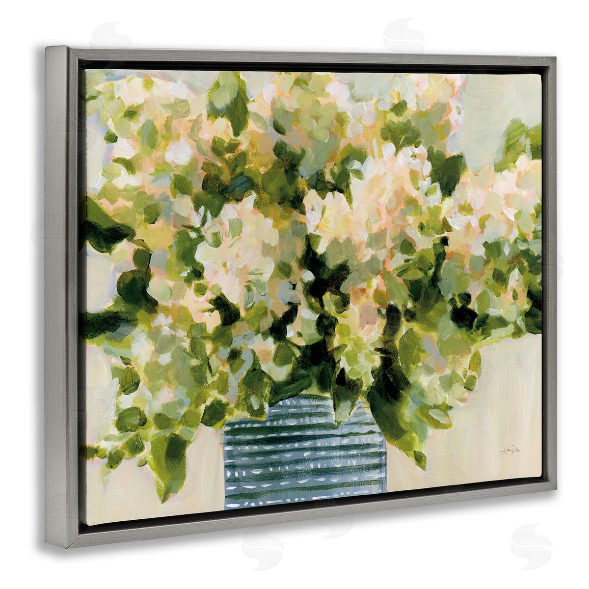 Dotted Hydrangeas Vase Grey Floating Frame Canvas Wall Art, Home Decor by Katrina Pete