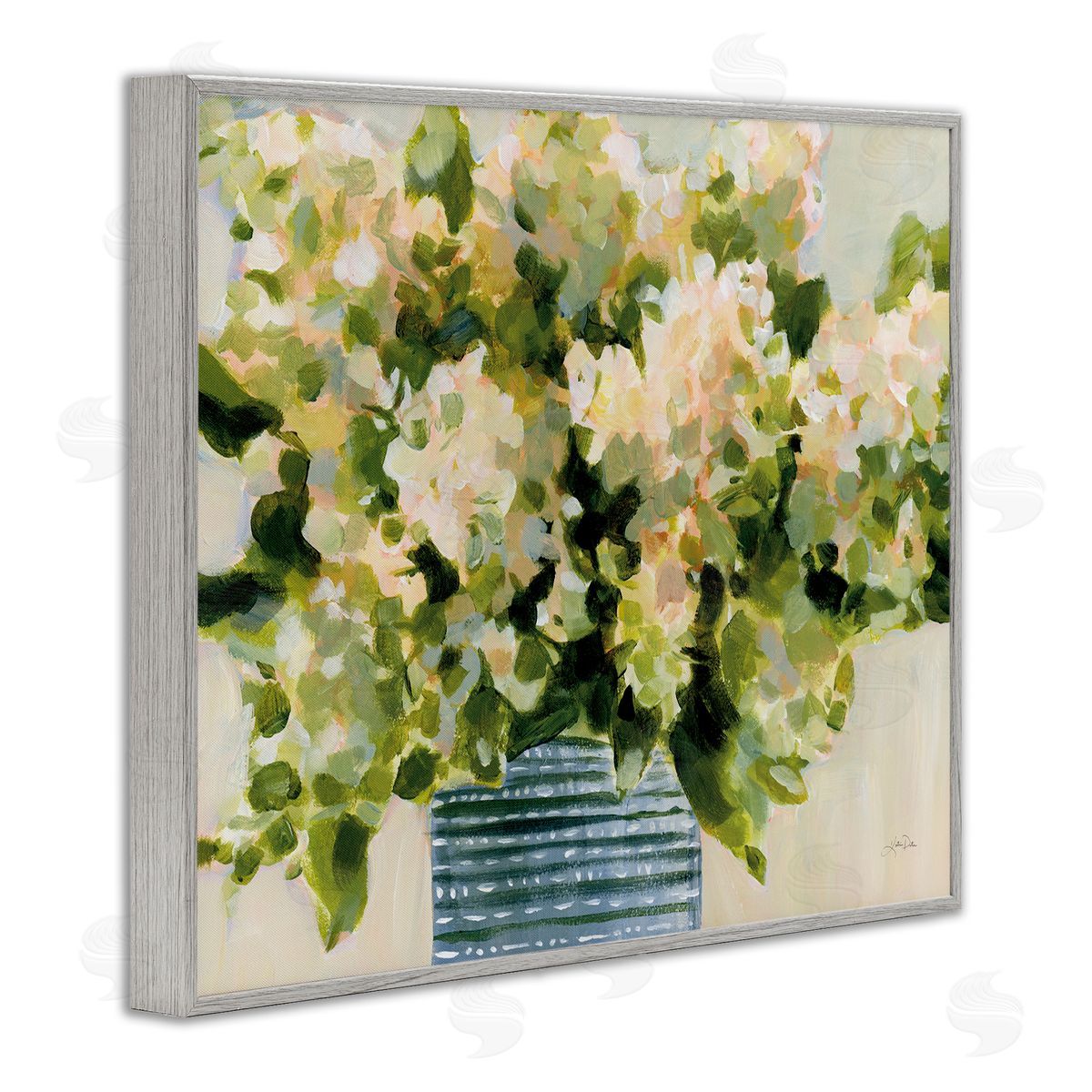 Dotted Hydrangeas Vase Grey Frame Print Wall Art, Home Decor by Katrina Pete