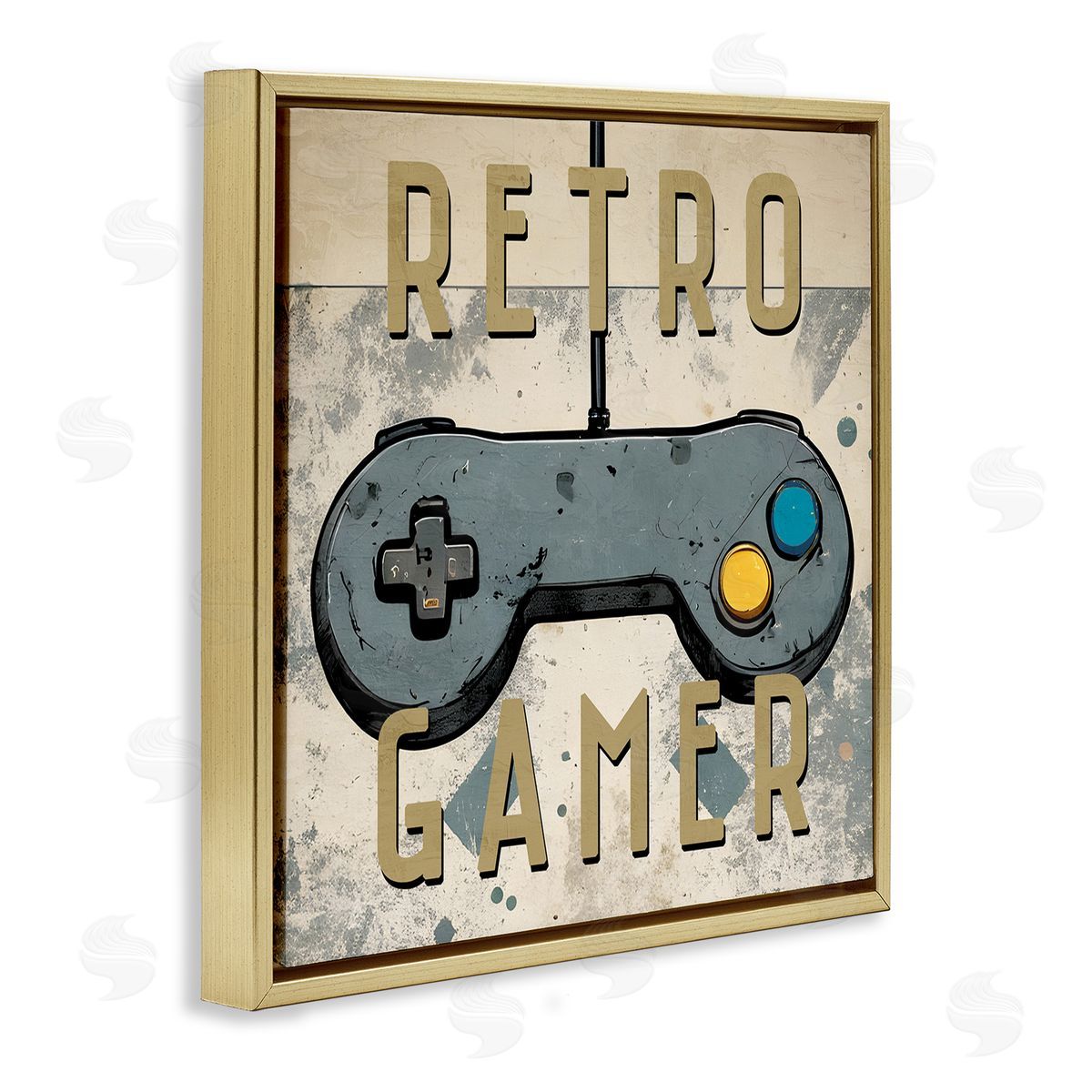 Kim Allen Retro Gamer Controller Gold Floating Frame Canvas Wall Art Print