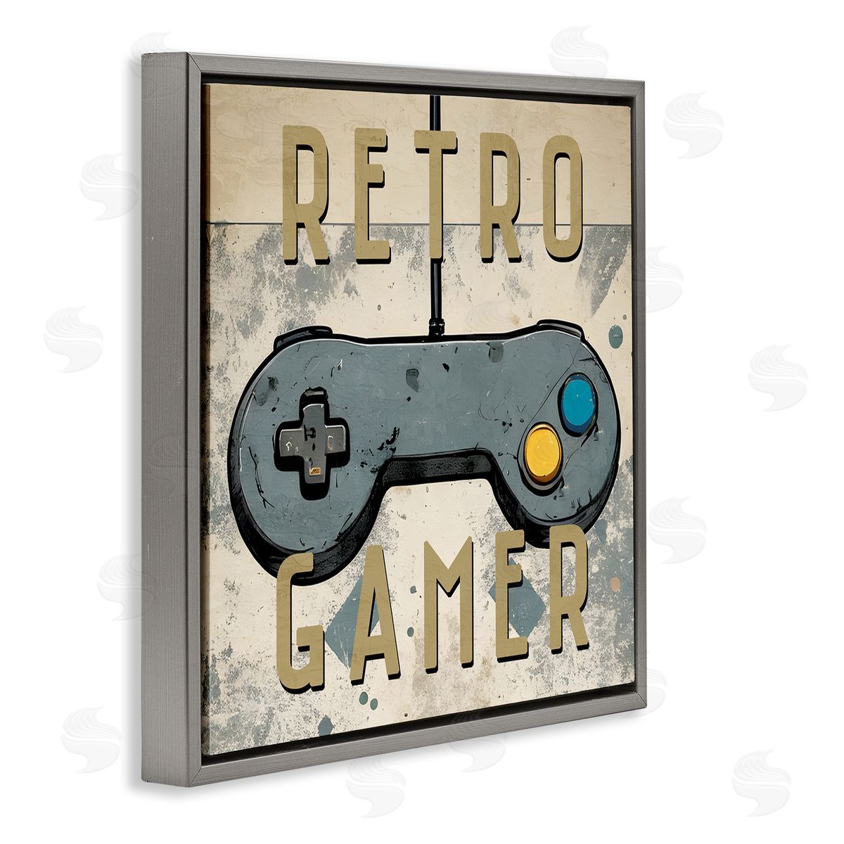 Kim Allen Retro Gamer Controller Gray Floating Frame Canvas Wall Art Print