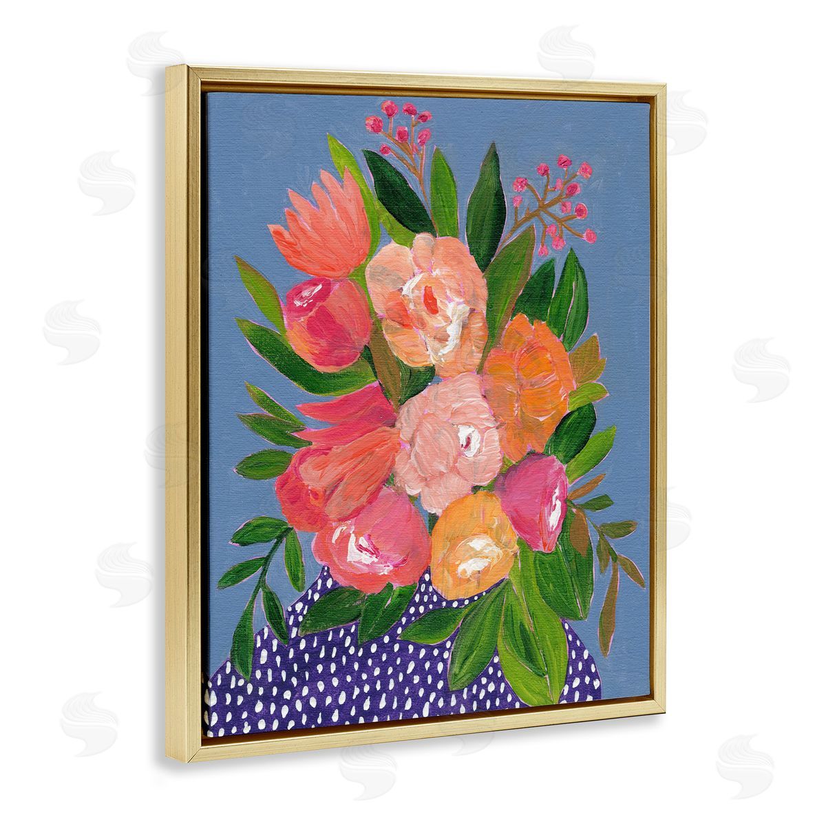 Modern Speckled Flower Vase Gold Floating Frame Canvas Wall Art, Home Decor by Nikita Jariwala