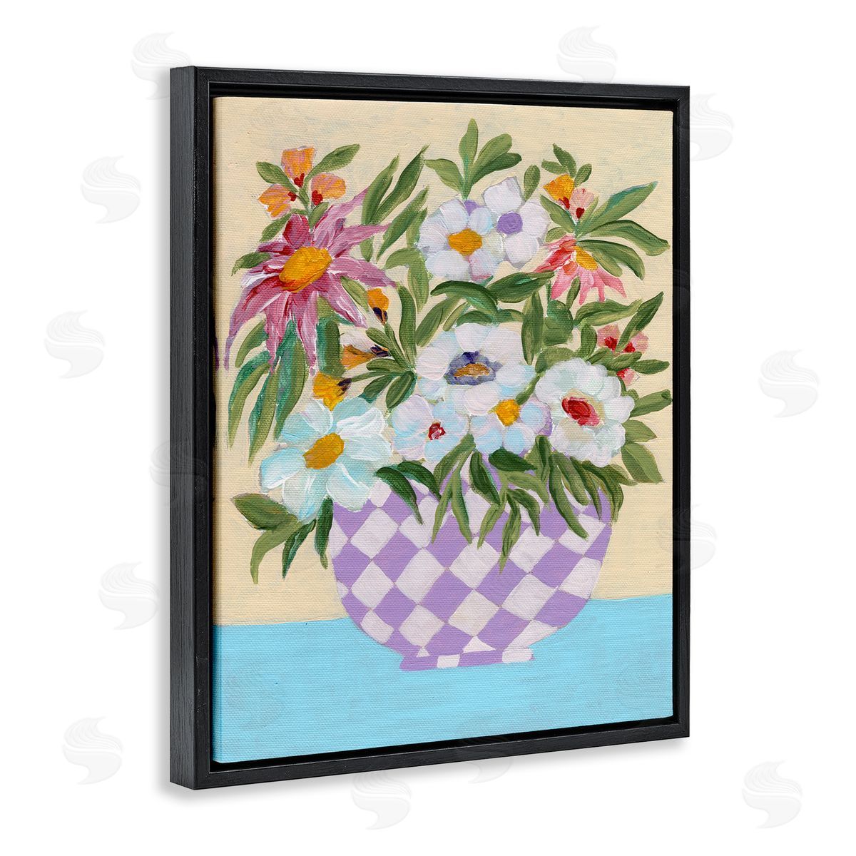 Checkered Flower Pot Black Floating Frame Canvas Wall Art, Home Decor by Nikita Jariwala