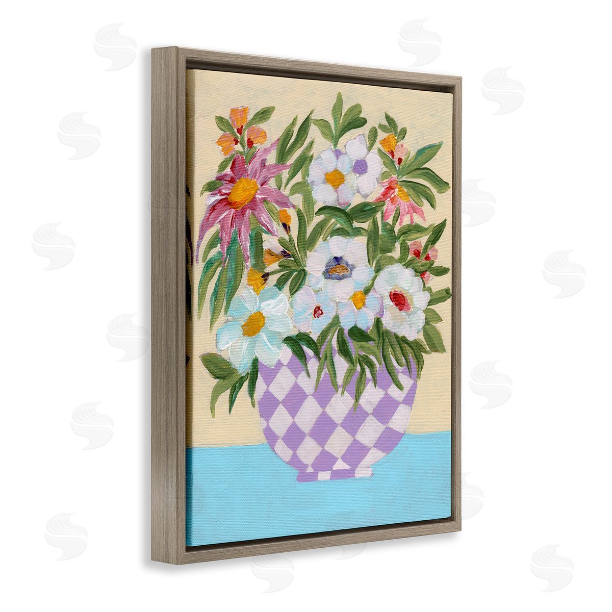 Checkered Flower Pot Brown Floating Frame Canvas Wall Art, Home Decor by Nikita Jariwala