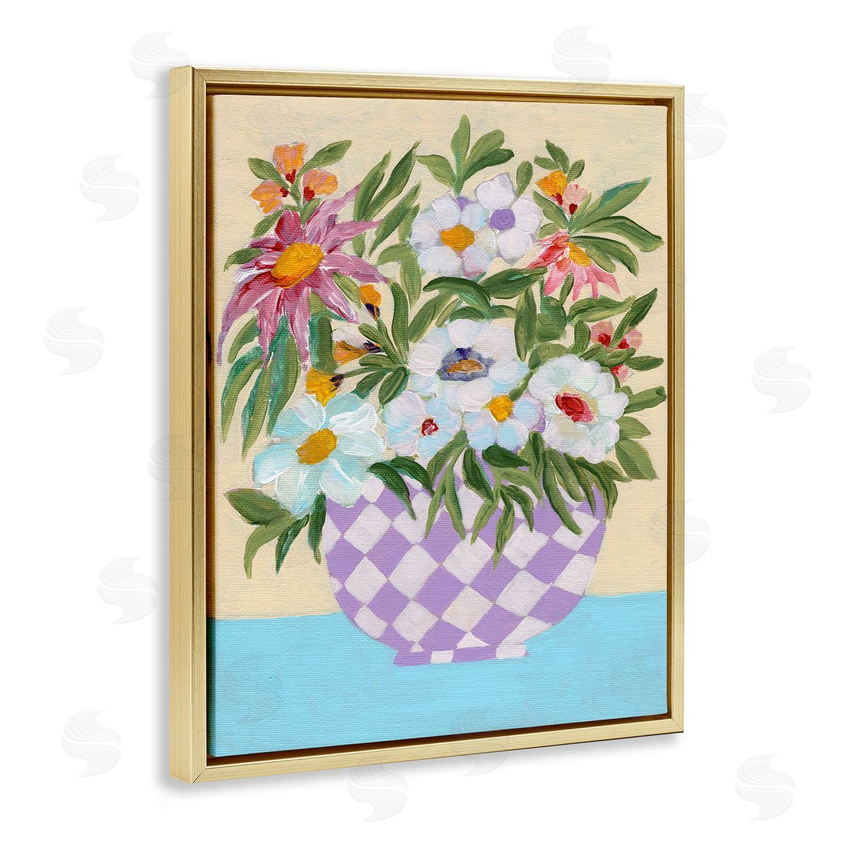 Checkered Flower Pot Gold Floating Frame Canvas Wall Art, Home Decor by Nikita Jariwala