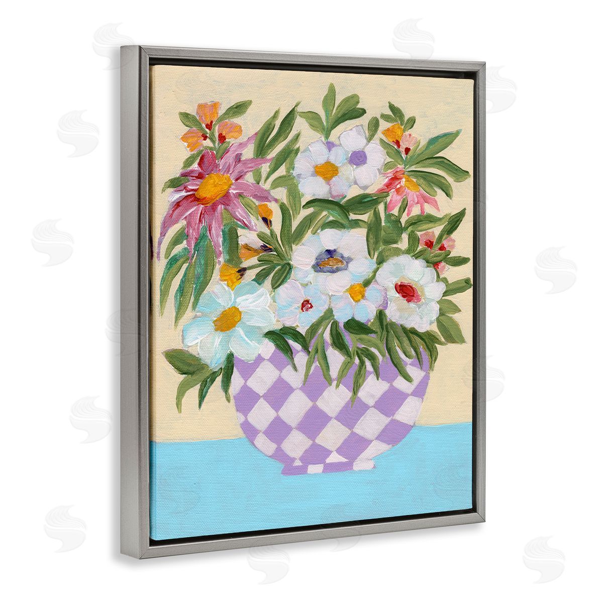 Checkered Flower Pot Grey Floating Frame Canvas Wall Art, Home Decor by Nikita Jariwala