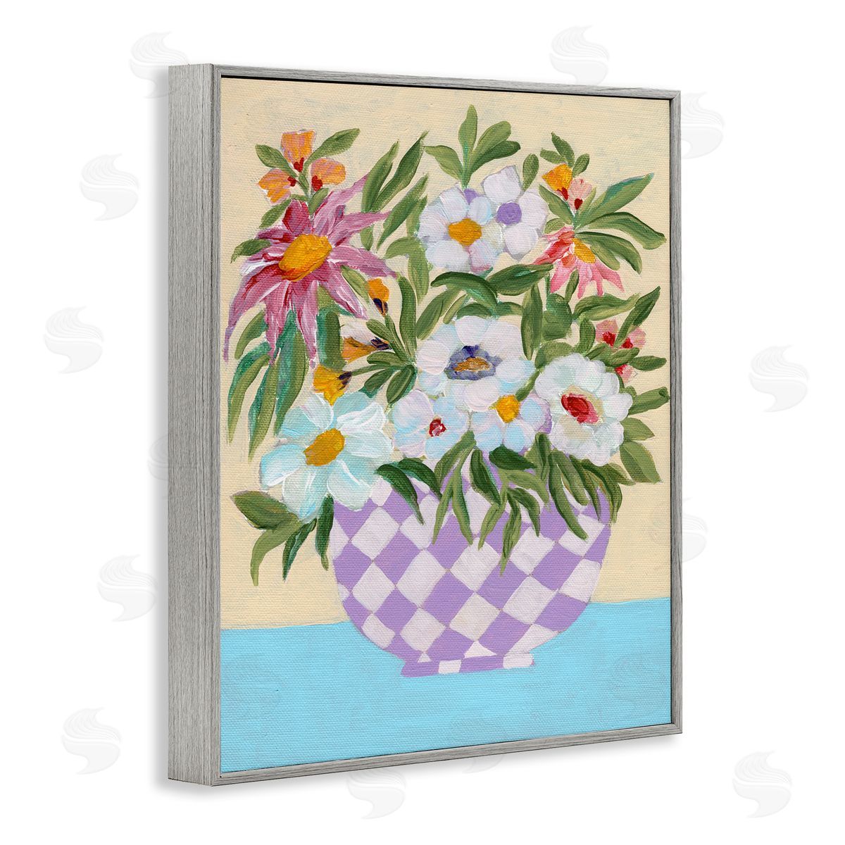 Checkered Flower Pot Grey Frame Print Wall Art, Home Decor by Nikita Jariwala