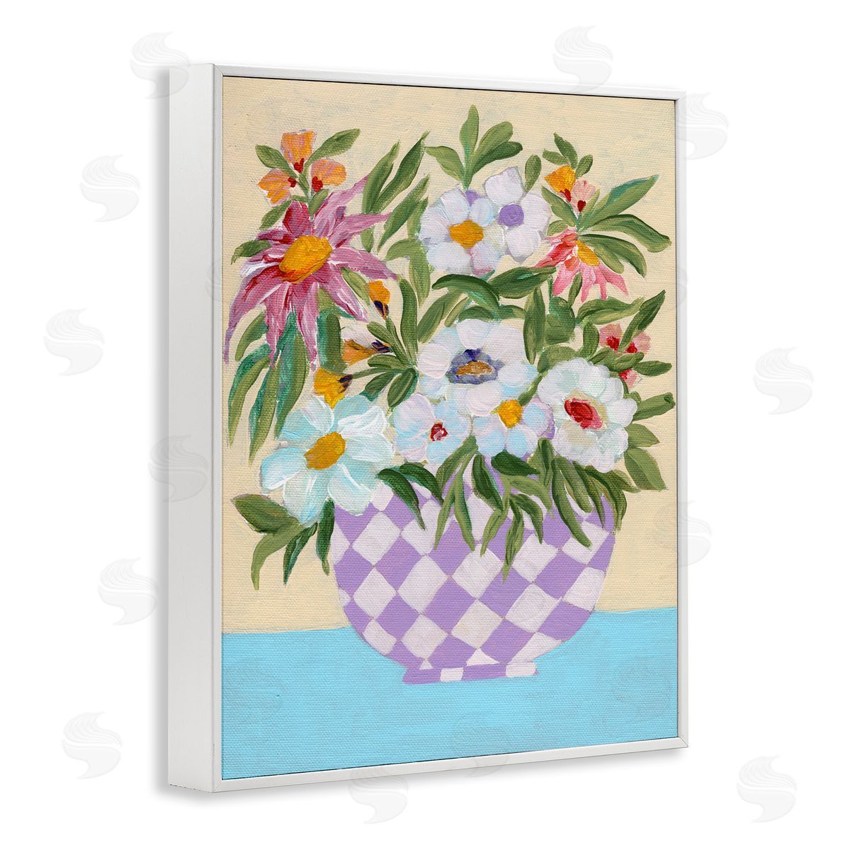 Checkered Flower Pot White Frame Print Wall Art, Home Decor by Nikita Jariwala
