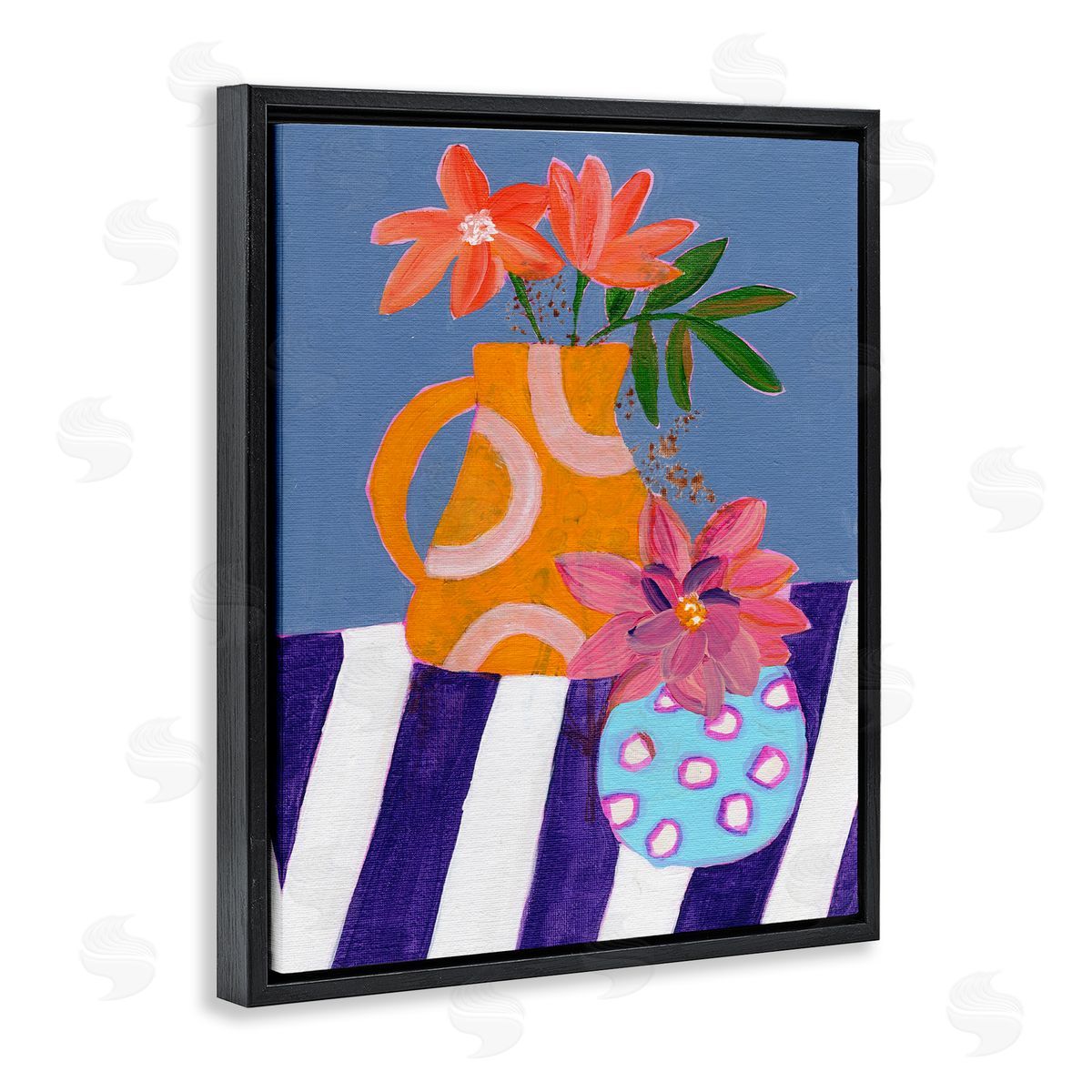 Blue Whimsy Farm Vase Black Floating Frame Canvas Wall Art, Home Decor by Nikita Jariwala