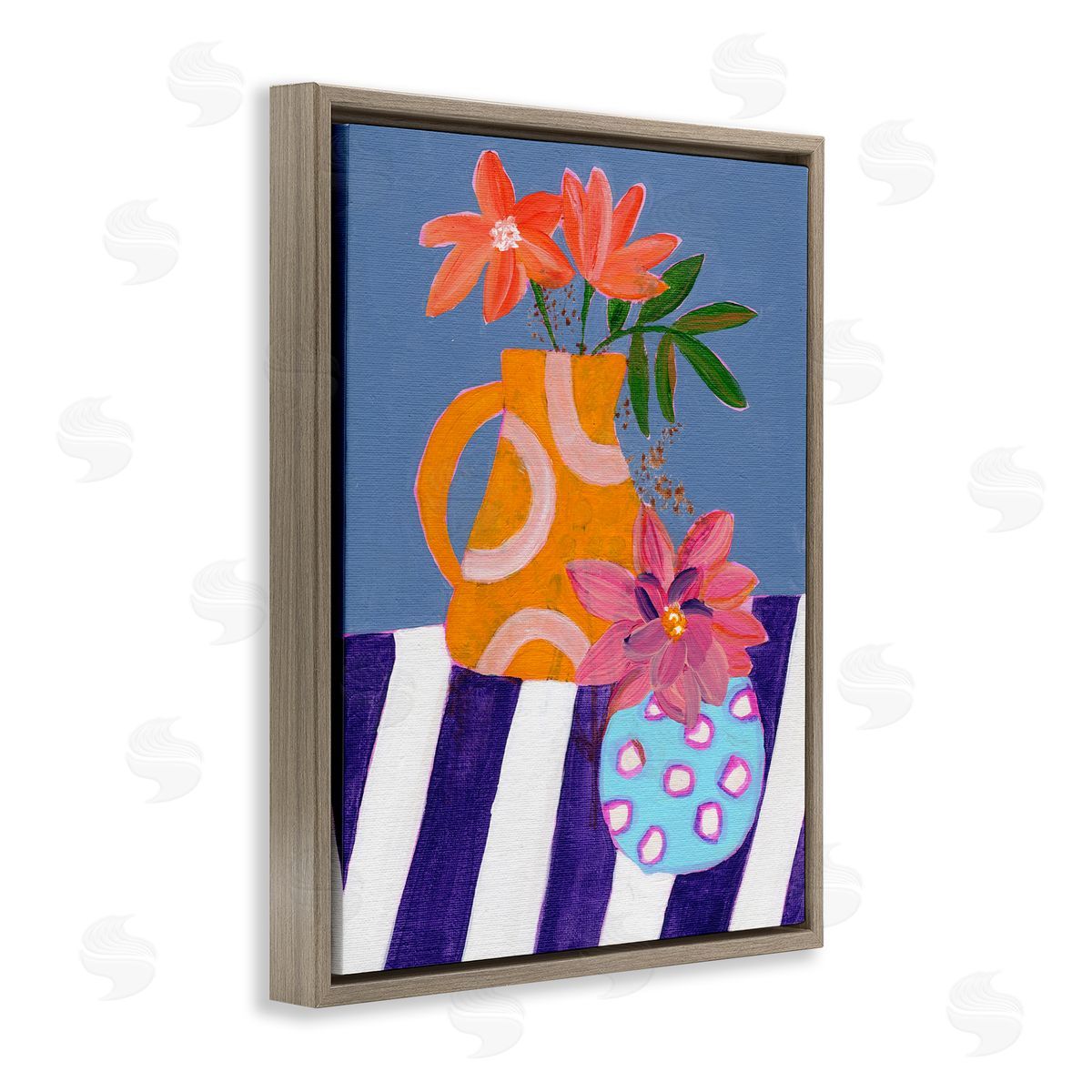Blue Whimsy Farm Vase Brown Floating Frame Canvas Wall Art, Home Decor by Nikita Jariwala