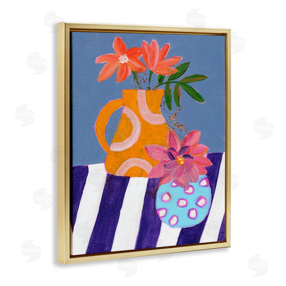 Blue Whimsy Farm Vase Gold Floating Frame Canvas Wall Art, Home Decor by Nikita Jariwala