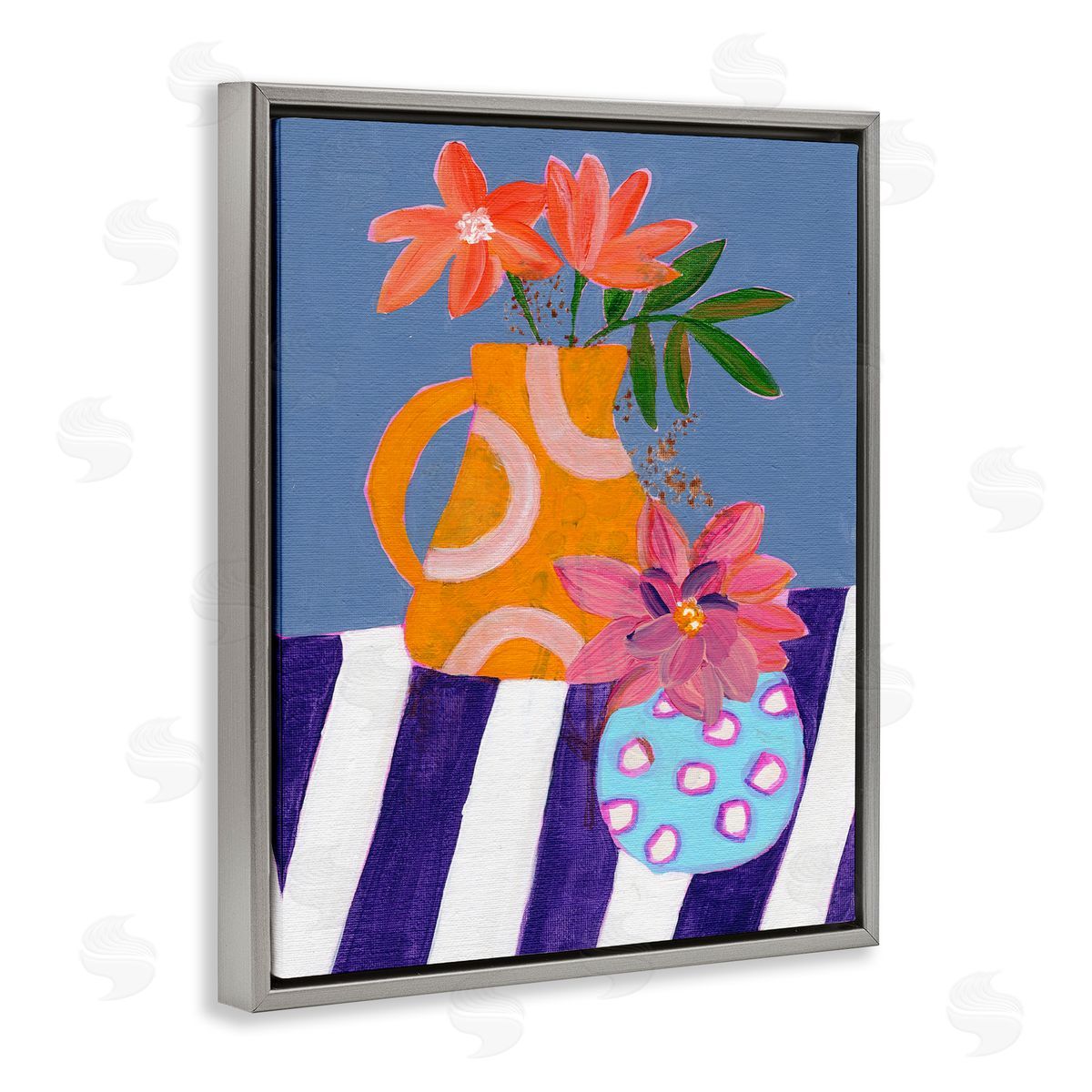 Blue Whimsy Farm Vase Grey Floating Frame Canvas Wall Art, Home Decor by Nikita Jariwala