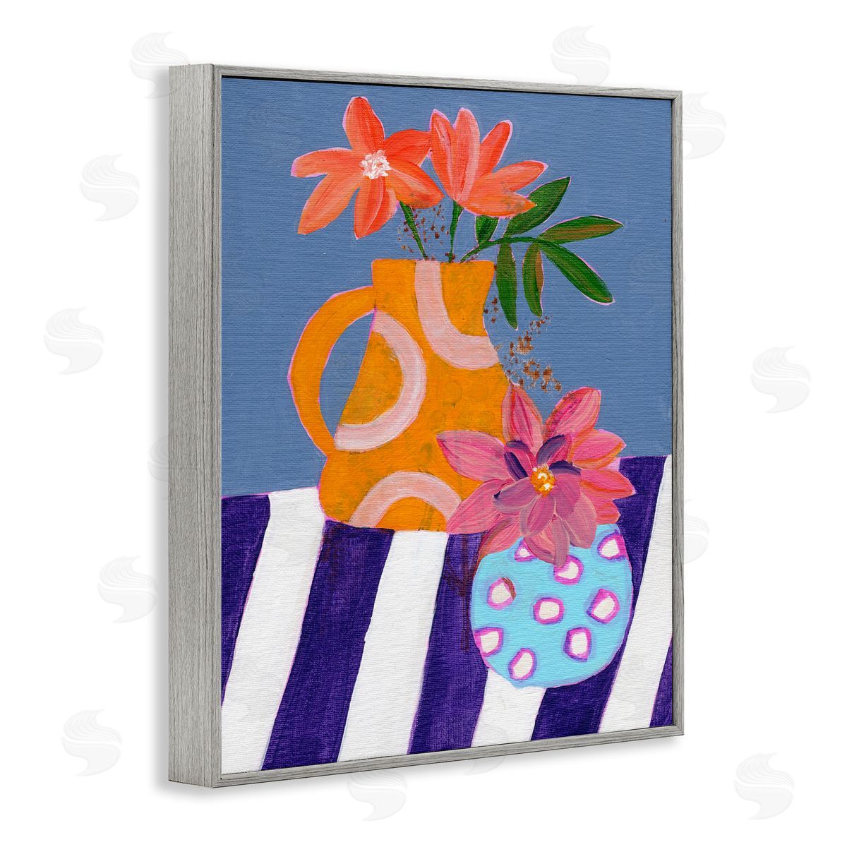 Blue Whimsy Farm Vase Grey Frame Print Wall Art, Home Decor by Nikita Jariwala