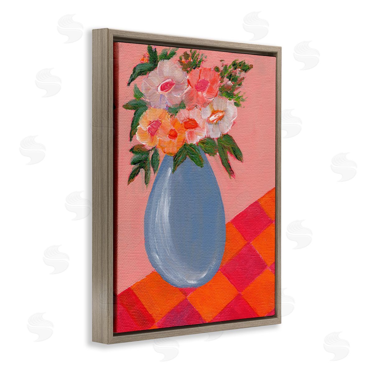 Bright Pink Bouquet Brown Floating Frame Canvas Wall Art, Home Decor by Nikita Jariwala