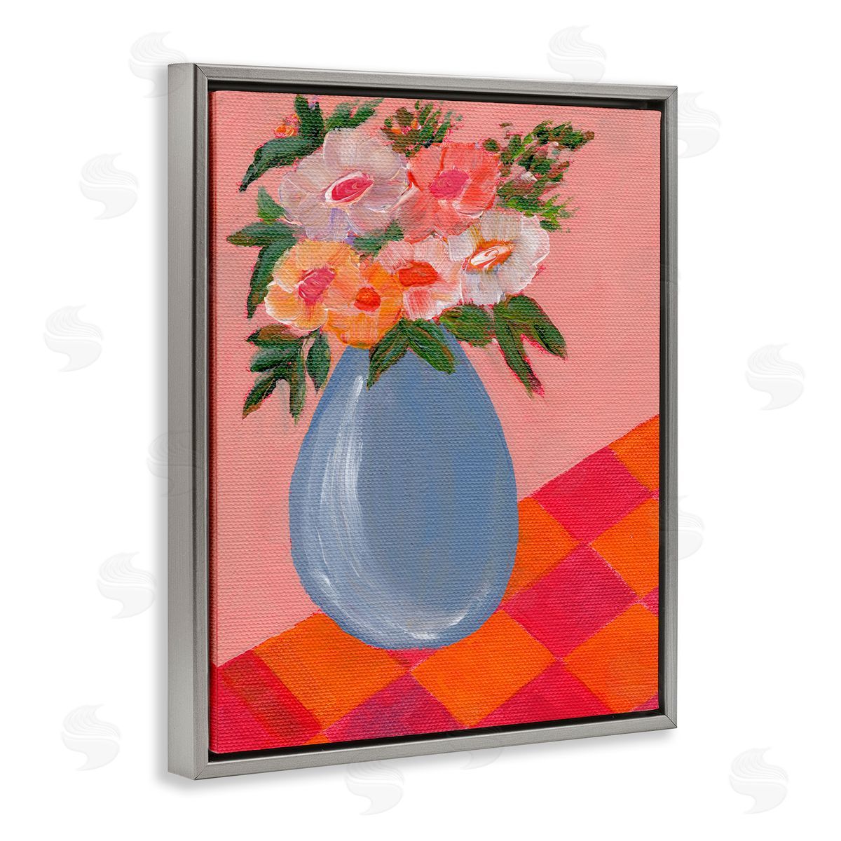 Bright Pink Bouquet Grey Floating Frame Canvas Wall Art, Home Decor by Nikita Jariwala